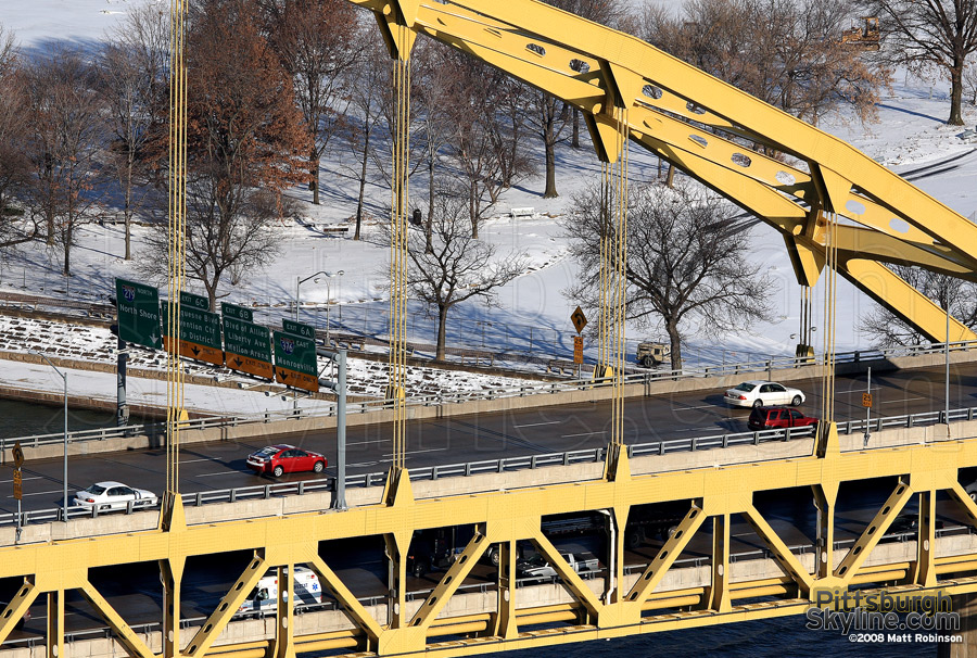 Point State Park with snow and Fort Pitt Bridge