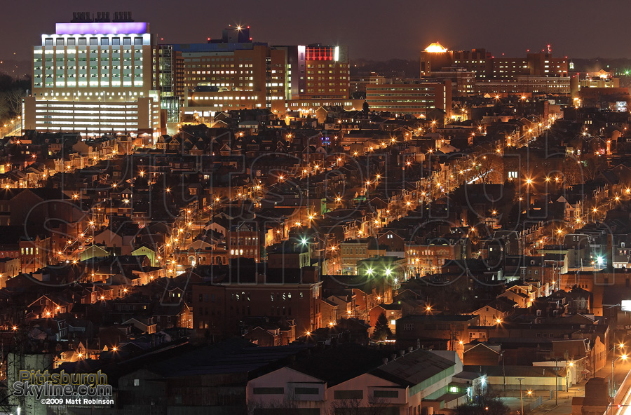 Children's Hospital of Pittsburgh anchors the nighttime landscape