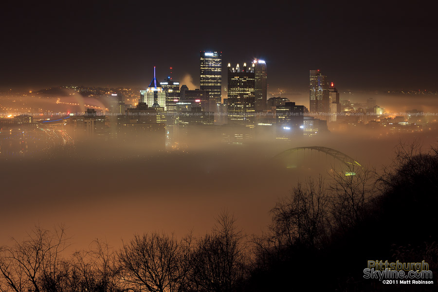 River fog obscures parts of downtown Pittsburgh skyline