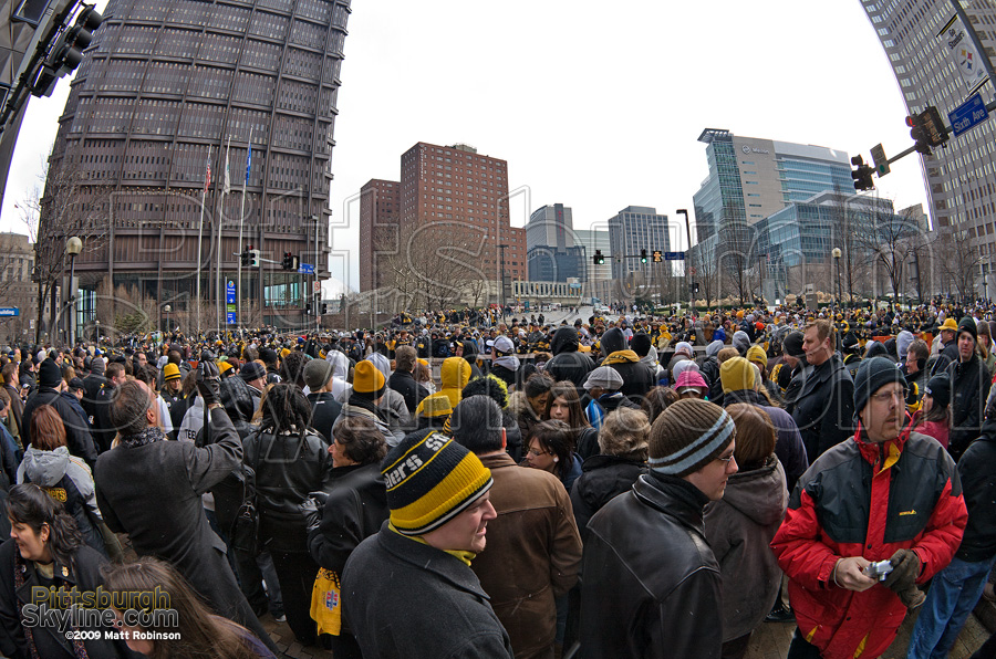 Thousands of Steelers crowd around the players as the Super Bowl XL  champion Pittsburgh Steelers celebrate in a parade down Fifth avenue in  Pittsburgh, Pa., on February 7, 2006. The Steelers defeated