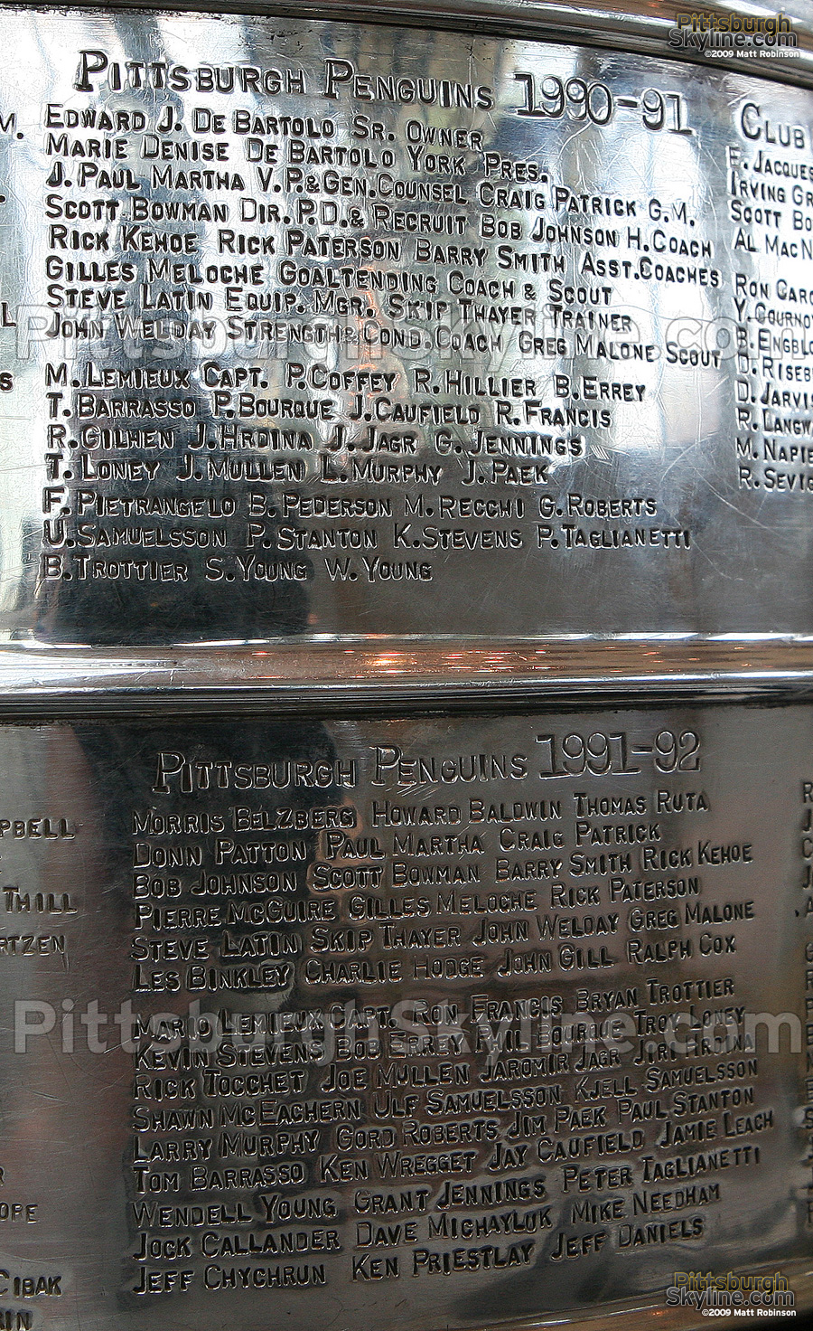 Pittsburgh Penguins 1990-91 and 1991-92 team names on the Stanley Cup