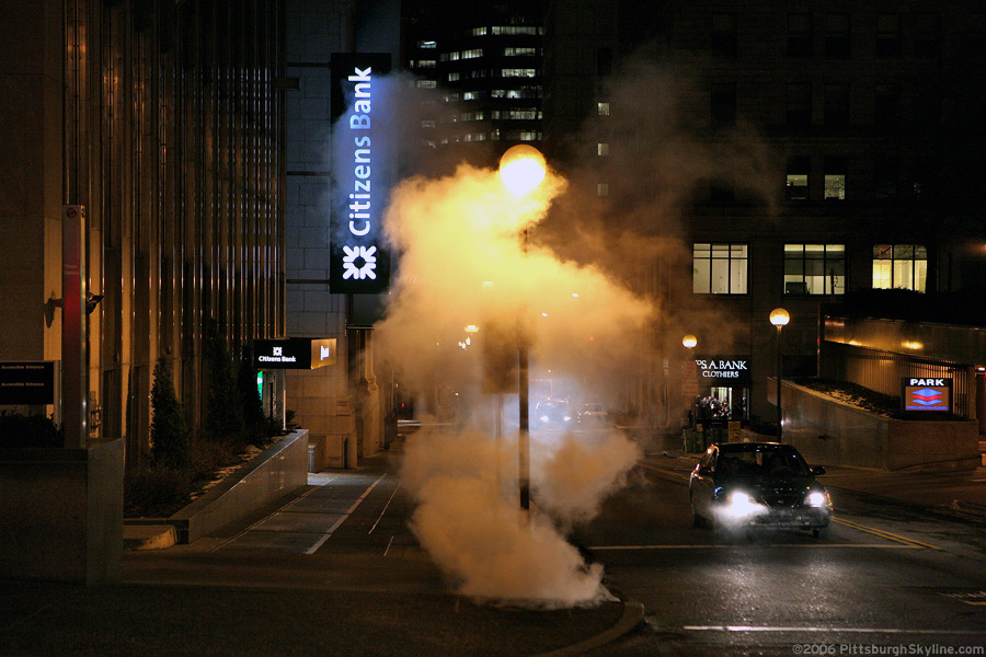 Manhole steam at night, Pittsburgh